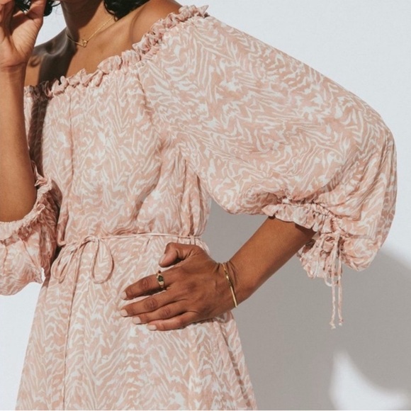 Cleobella Saige Ankle rose Pink Off-Shoulder poof sleeve ruffle Dress Soft girl - Picture 2 of 10